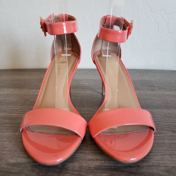 Talbots Lakia Patent Leather Ankle Strap Heels Sandal Open Toe Coral Sz Womens 7 - Picture 2 of 11